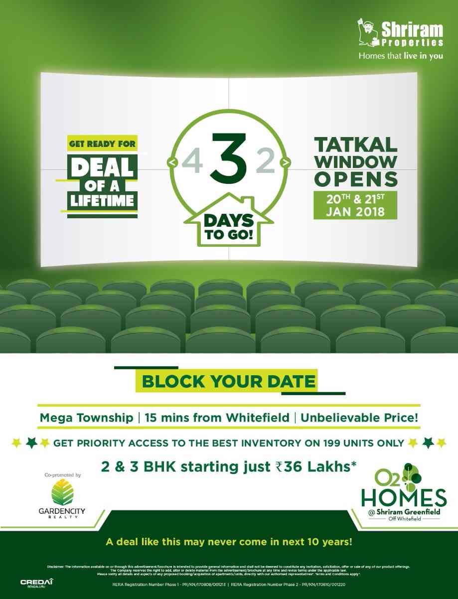 Get ready for deal of a lifetime at Shriram Greenfield O2 Homes in Bangalore